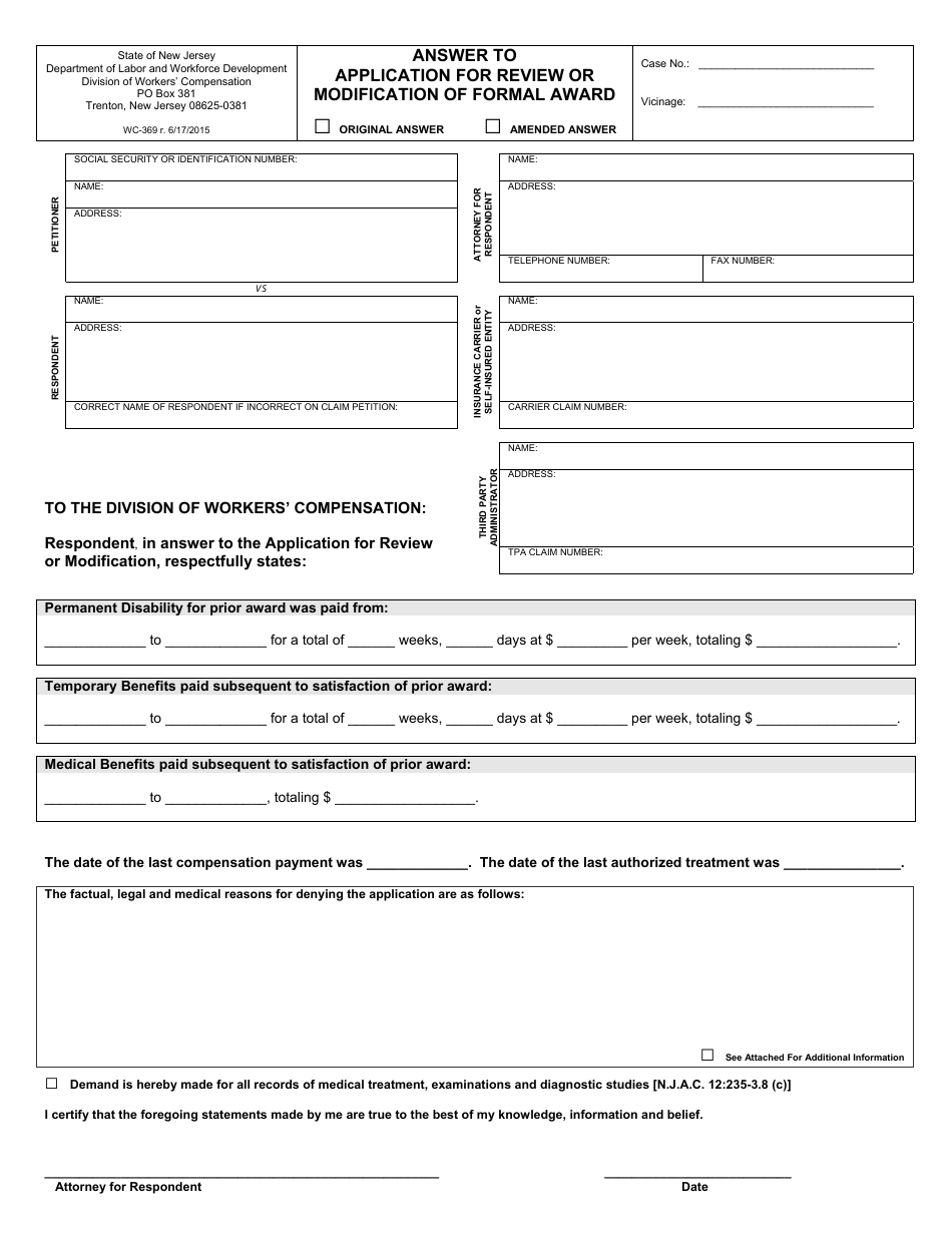 Form WC-369 Answer to Application for Review or Modification of Formal Award - New Jersey, Page 1