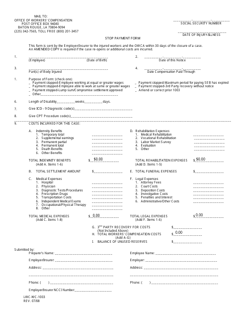 Form LWC-WC-1003 Stop Payment Form - Louisiana