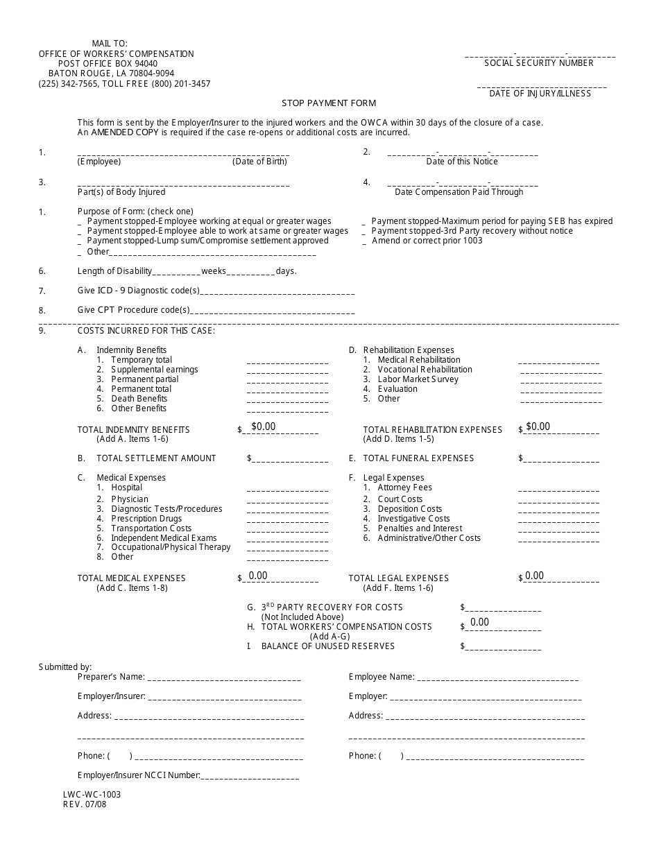 Form LWC-WC-1003 Stop Payment Form - Louisiana, Page 1
