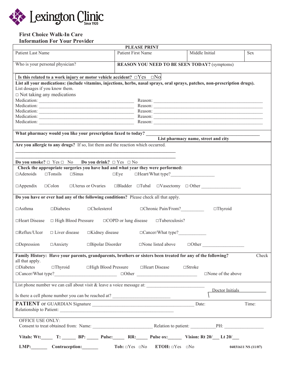First Choice Walk-In Care: Information for Your Provider Form - Lexington Clinic, Page 1