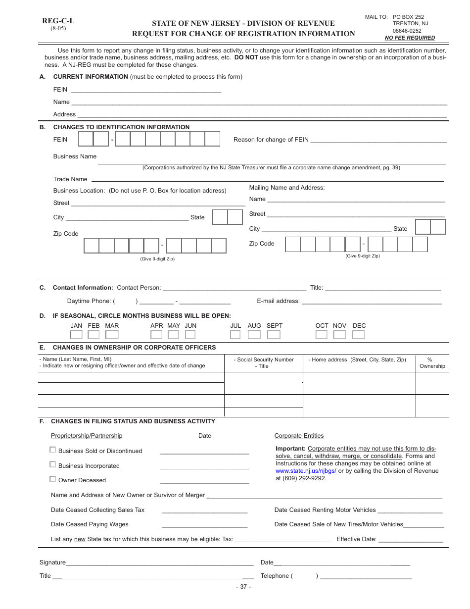 Form REG-C-L Request for Change of Registration Information - New Jersey, Page 1