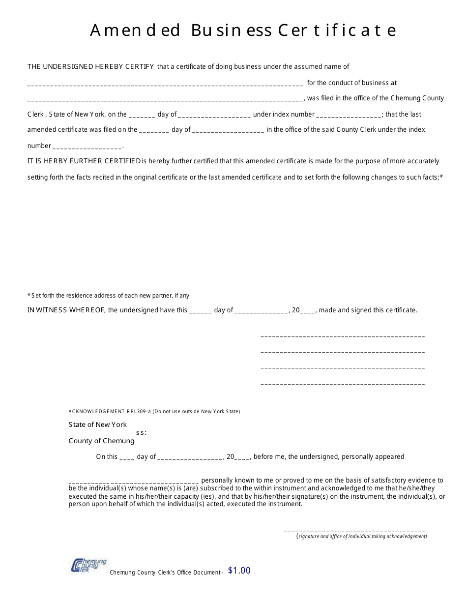 Amended Business Certificate Form - Chemung County, New York, Page 1