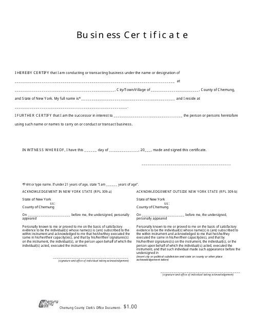 Business Certificate Form - Chemung County, New York Download Pdf