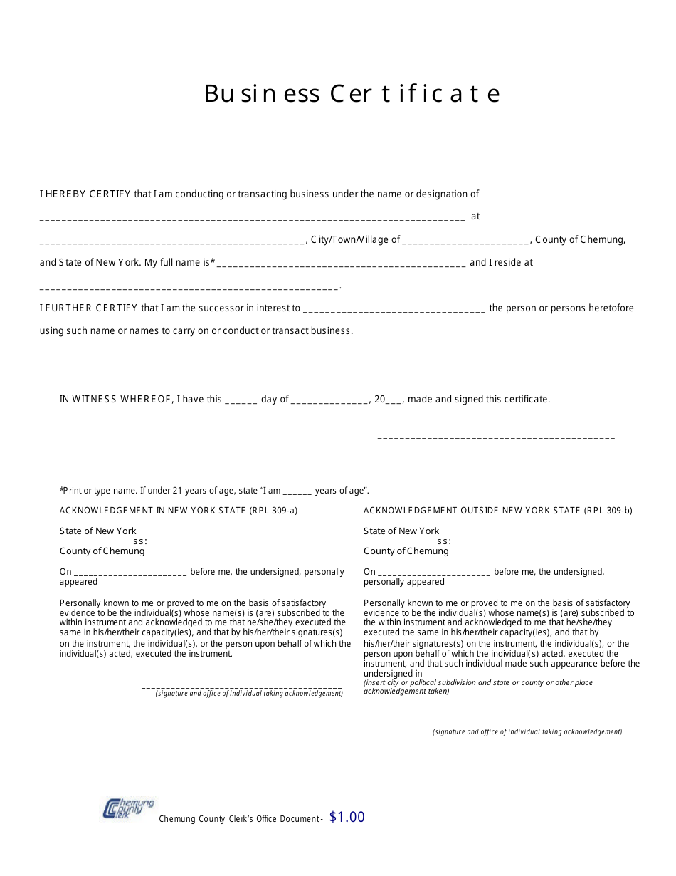 Business Certificate Form - Chemung County, New York, Page 1