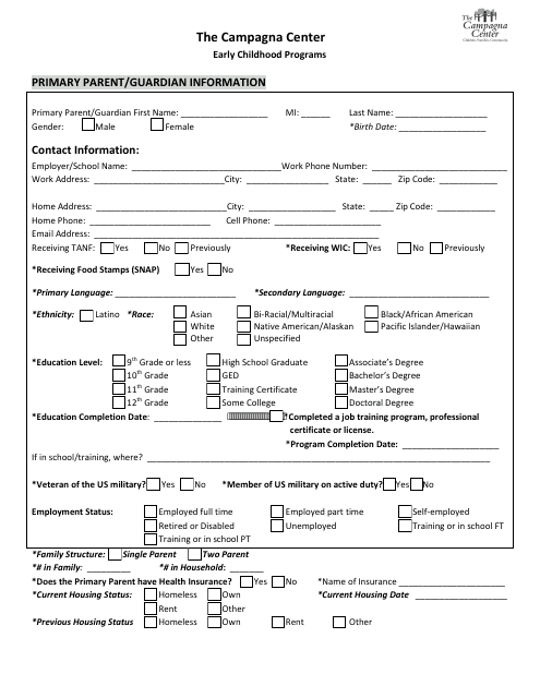 Early Childhood Programs Application Form - Campagna Center Download Pdf
