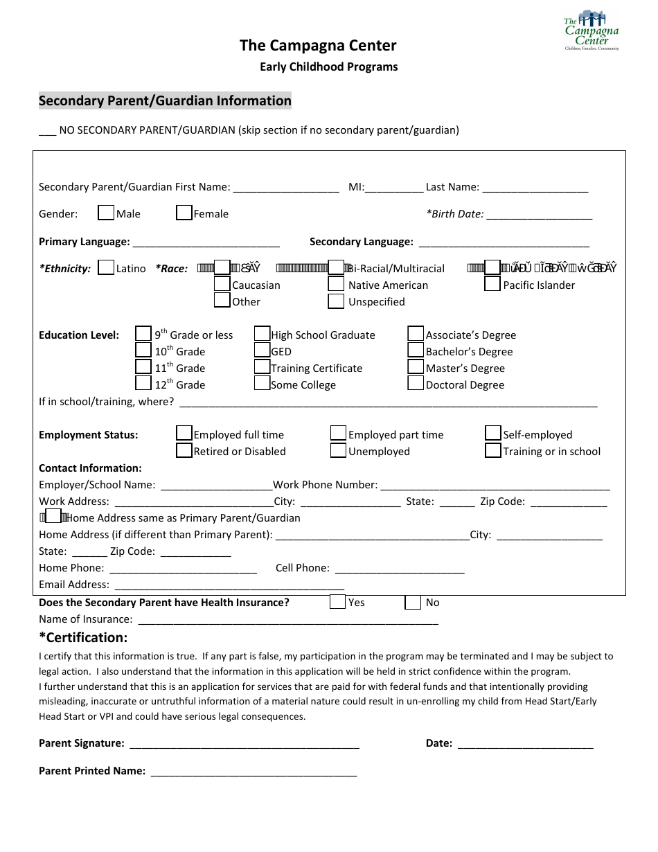 Early Childhood Programs Application Form - Campagna Center, Page 2