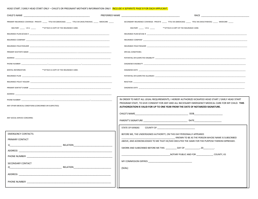 Head Start / Early Head Start Application Form ' Child's or Pregnant Mother's Information - Kansas Download Pdf