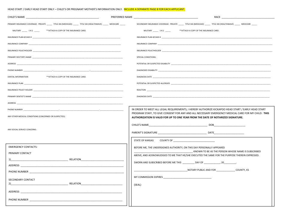 Head Start / Early Head Start Application Form ' Child's or Pregnant Mother's Information - Kansas, Page 1