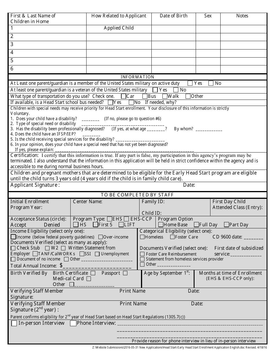 Head Start & Early Head Start Enrollment Application Form - Fill Out ...