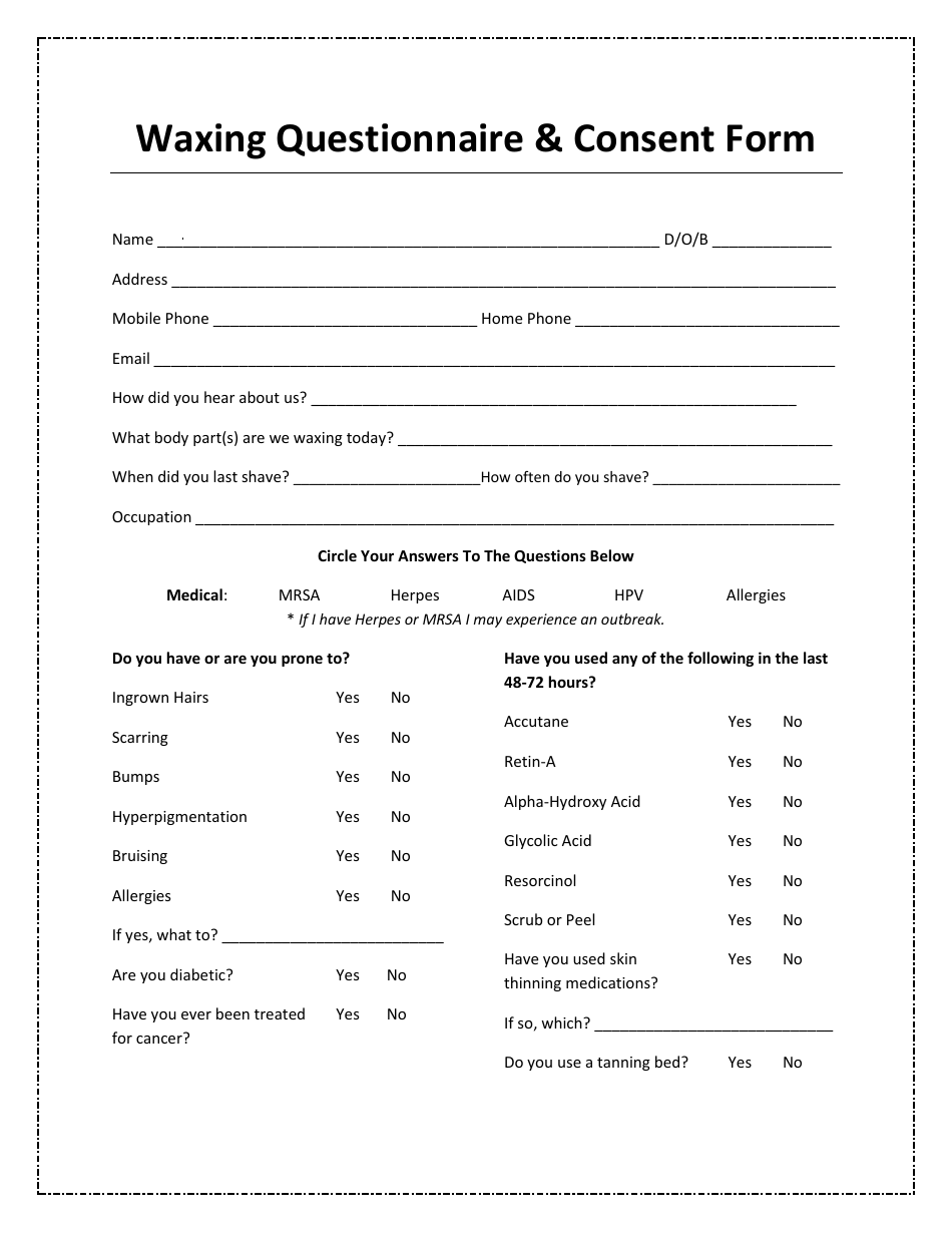 &quot;Waxing Questionnaire &amp; Consent Form&quot; Download Pdf