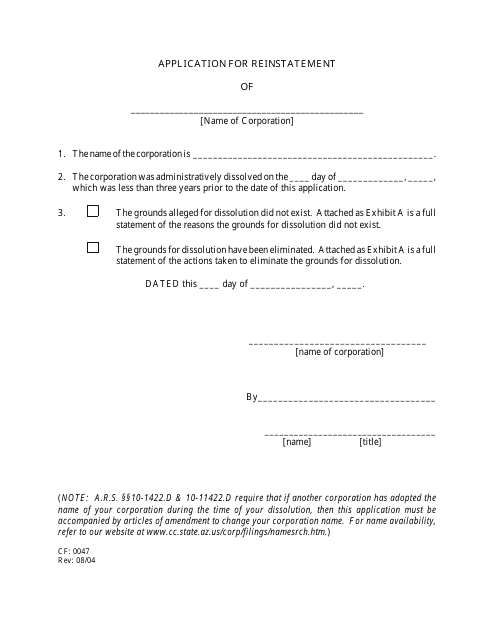 Application for Reinstatement - Arizona Document Preview