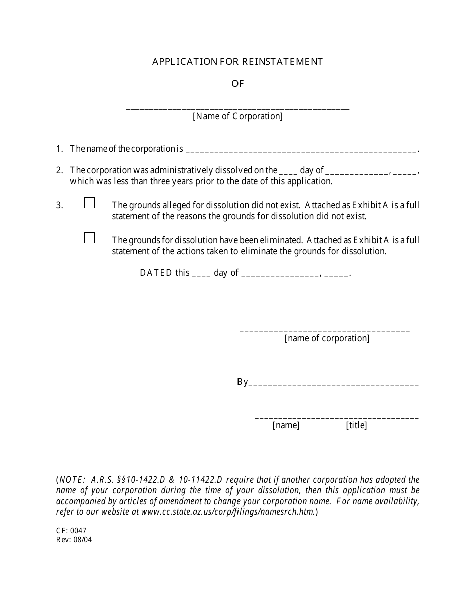 Application for Reinstatement - Arizona Document Preview