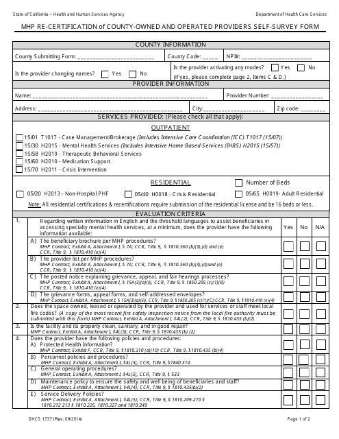 Form DHCS1737 Mhp Re-certification of County-Owned and Operated Providers Self-survey Form - California
