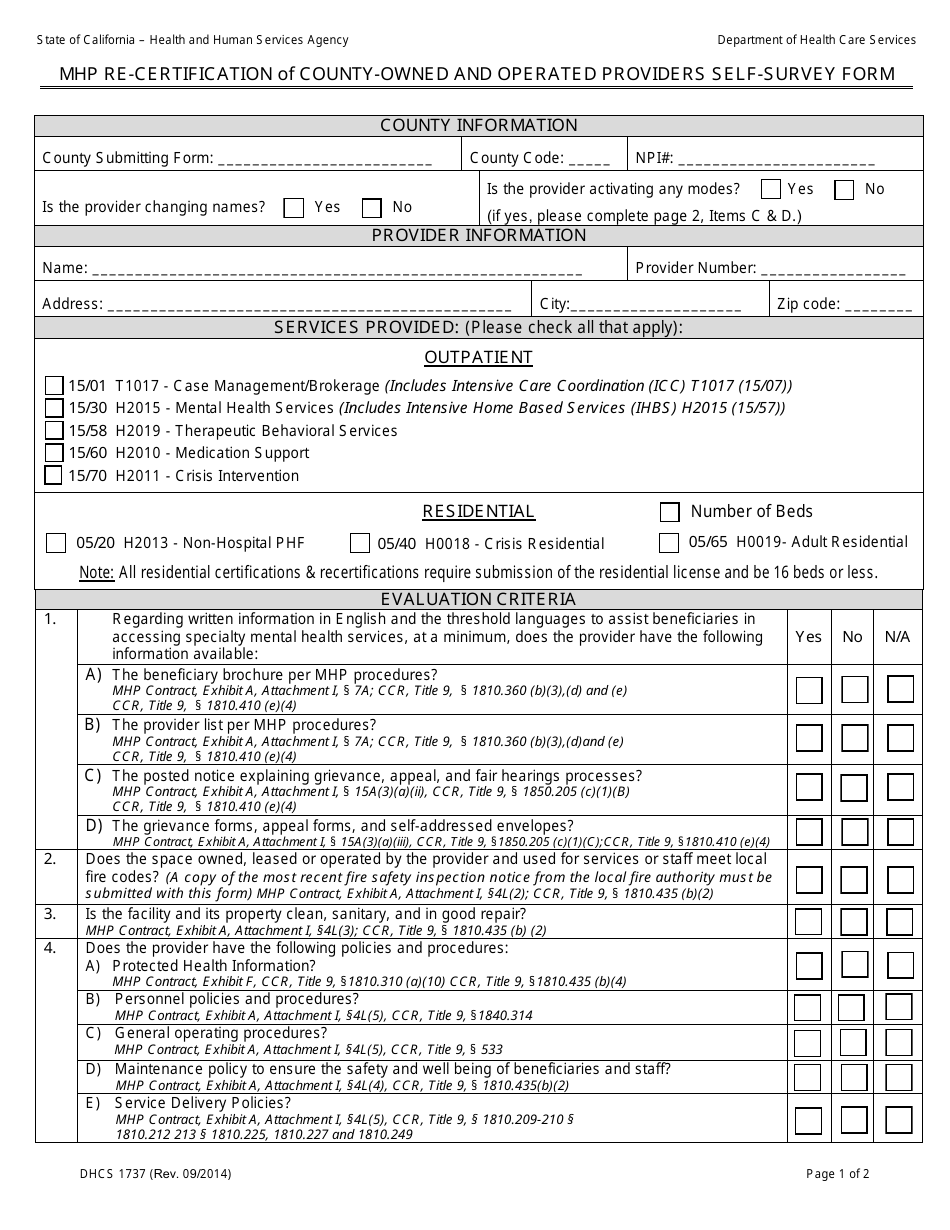 Form DHCS1737 Mhp Re-certification of County-Owned and Operated Providers Self-survey Form - California, Page 1