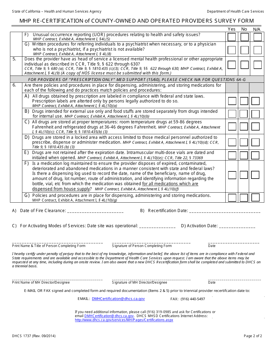 Form DHCS1737 Mhp Re-certification of County-Owned and Operated Providers Self-survey Form - California, Page 2