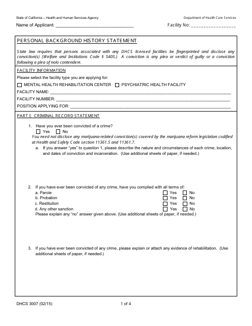 Form DHCS3007 Personal Background History Statement - California