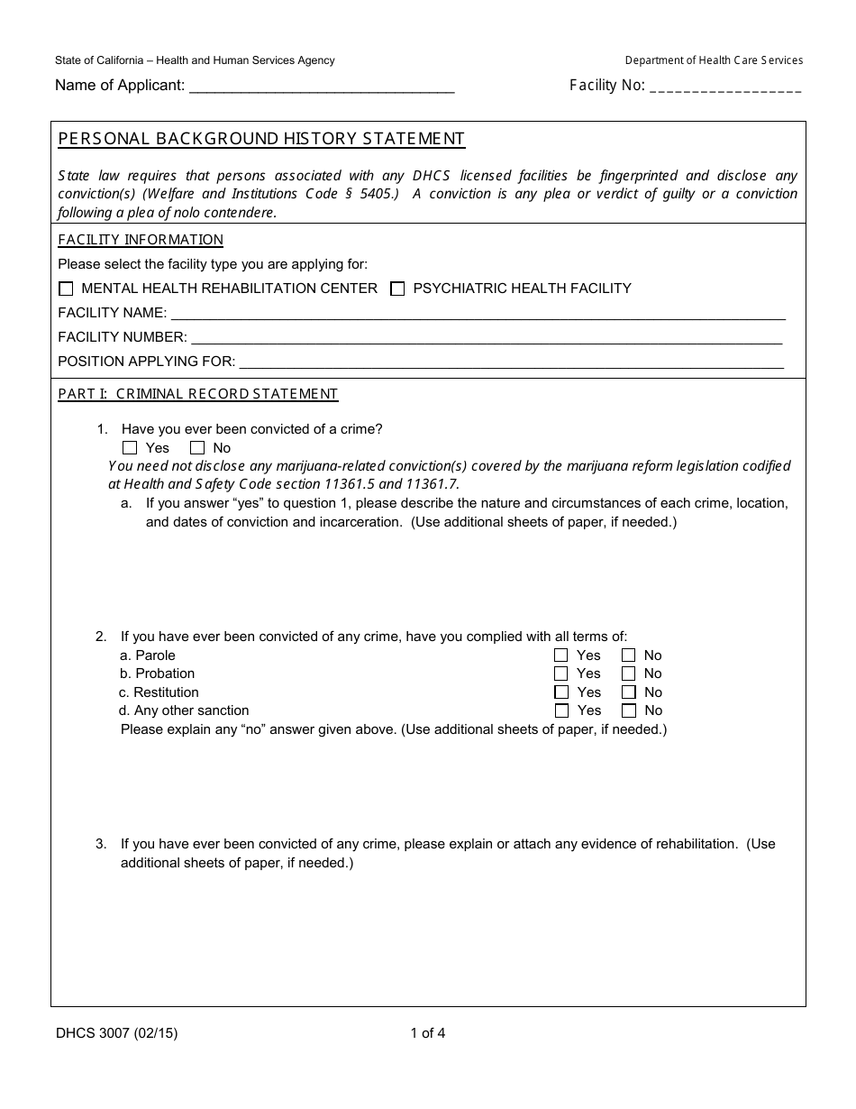 Form DHCS3007 Personal Background History Statement - California, Page 1