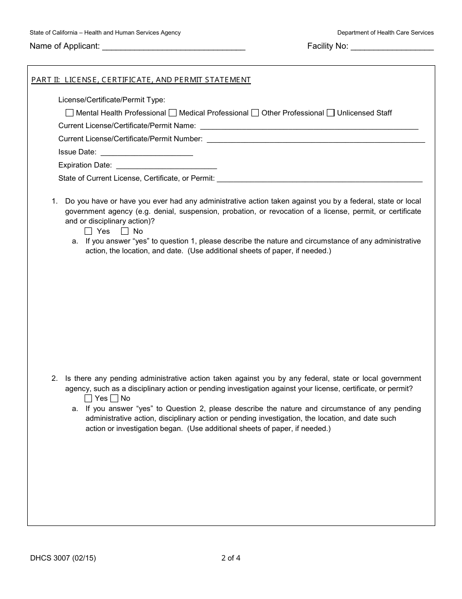 Form DHCS3007 Personal Background History Statement - California, Page 2