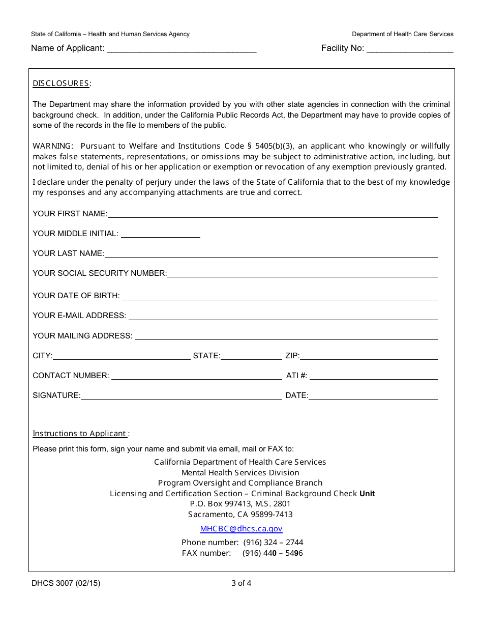 Form DHCS3007 Personal Background History Statement - California, Page 3