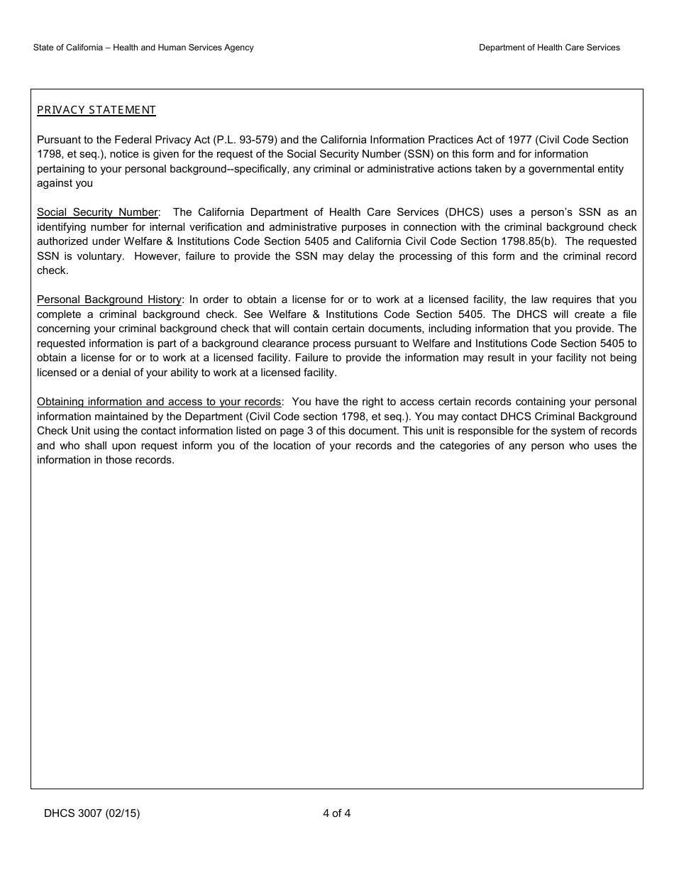 Form DHCS3007 Personal Background History Statement - California, Page 4