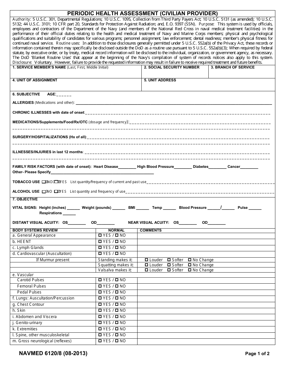 NAVMED Form 6120 / 8 Periodic Health Assessment (Civilian Provider), Page 1