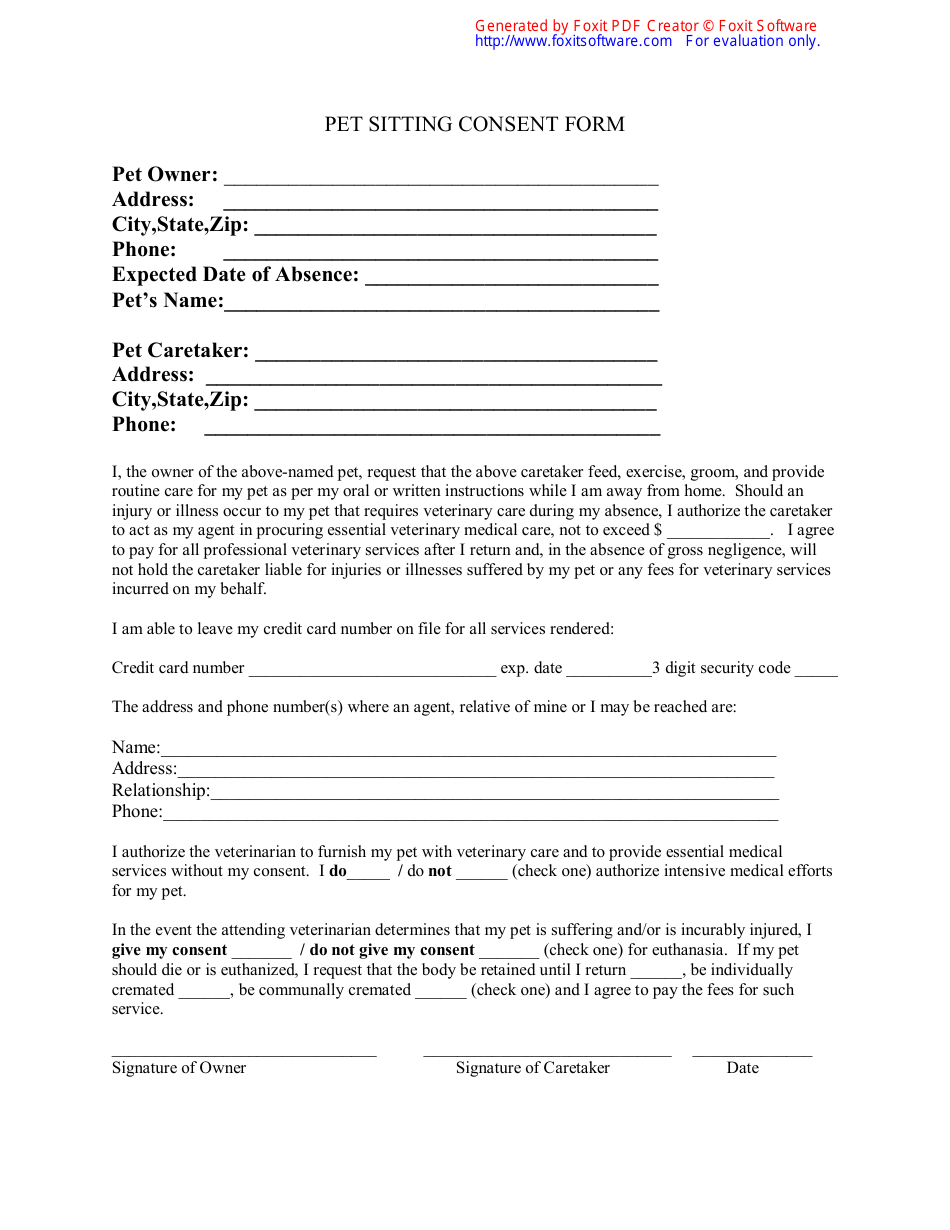 Pet Sitting Consent Form, Page 1
