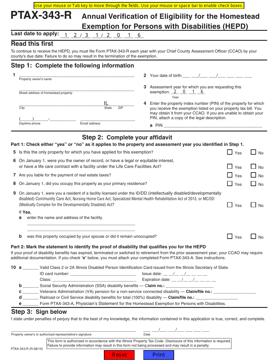 Form PTAX-343-r Annual Verification of Eligibility for the Homestead Exemption for Persons With Disabilities (Hepd) - Illinois, Page 1