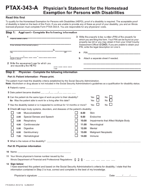 Form PTAX-343-a Physician Statement for Exemption for Persons With Disabilities - Illinois