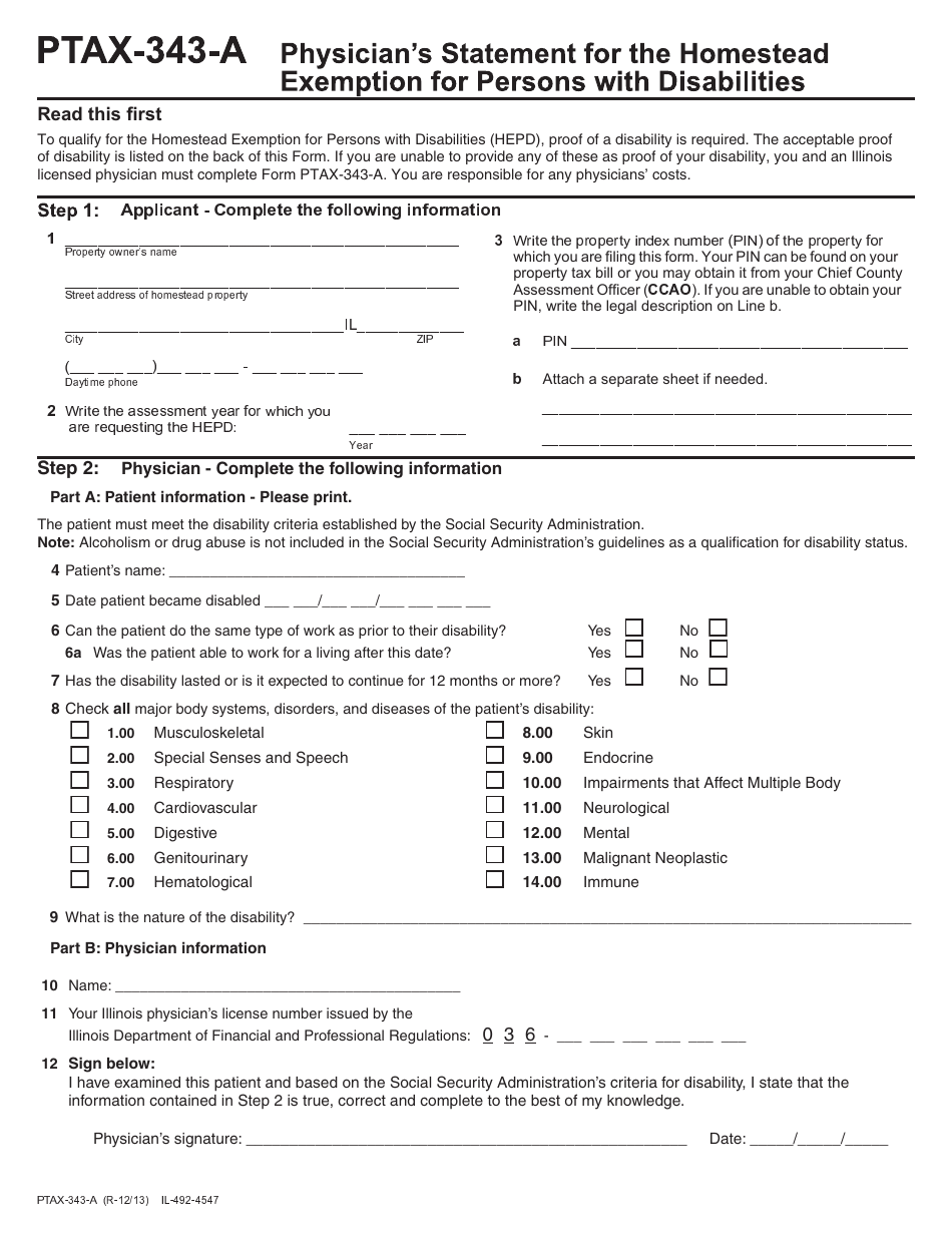 Form PTAX-343-a Physician Statement for Exemption for Persons With Disabilities - Illinois, Page 1