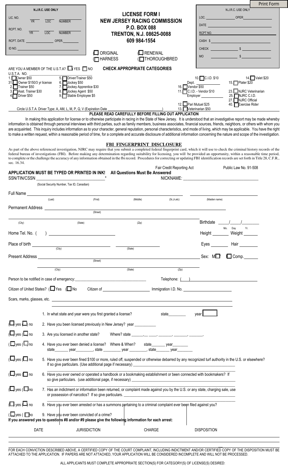 Licensing Form I Application - New Jersey, Page 1