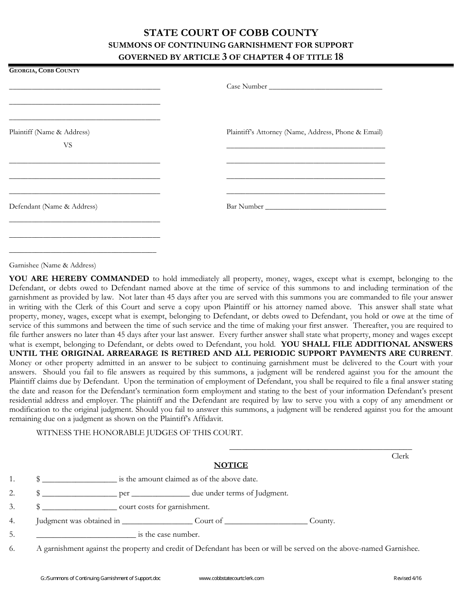 Summons of Continuing Garnishment for Support Form - Cobb County, Georgia (United States), Page 1