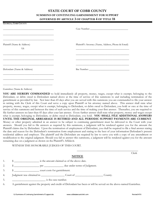 Summons of Continuing Garnishment for Support Form - Cobb County, Georgia (United States) Download Pdf
