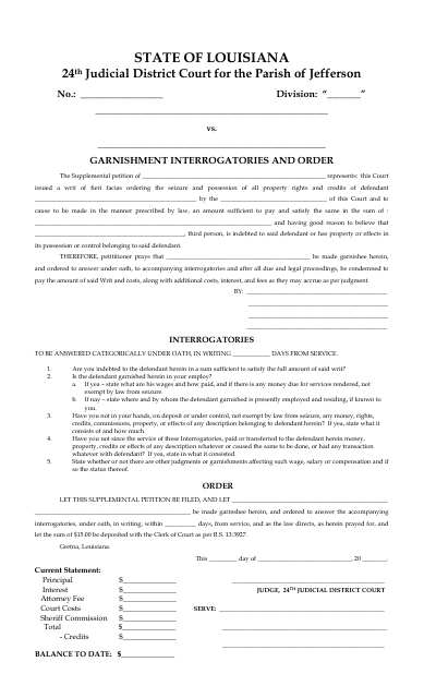 Garnishment Interrogatories and Order Form - Parish of Jefferson, Louisiana