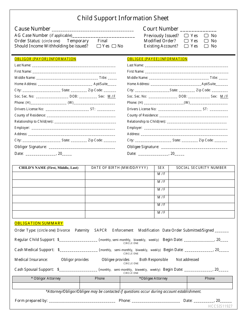Child Support Information Sheet, Page 1