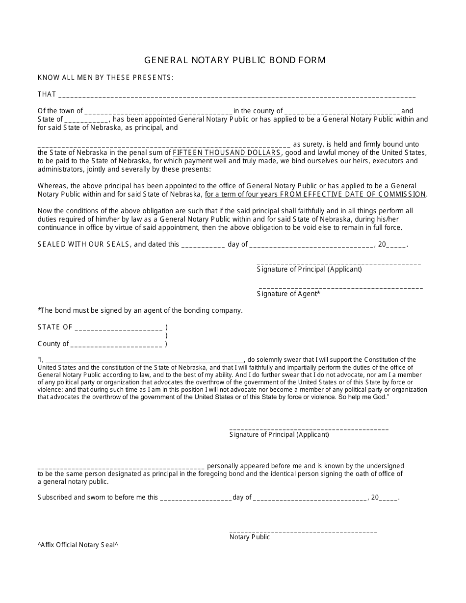 General Notary Public Bond Form - Nebraska, Page 1