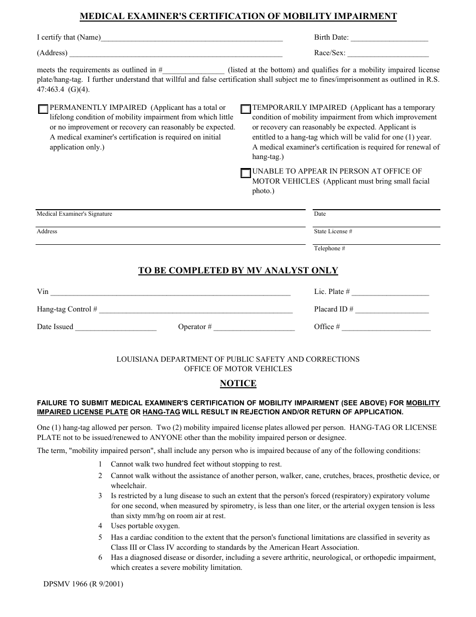 Form Dpsmv1966 Download Fillable Pdf Or Fill Online Medical Examiners
