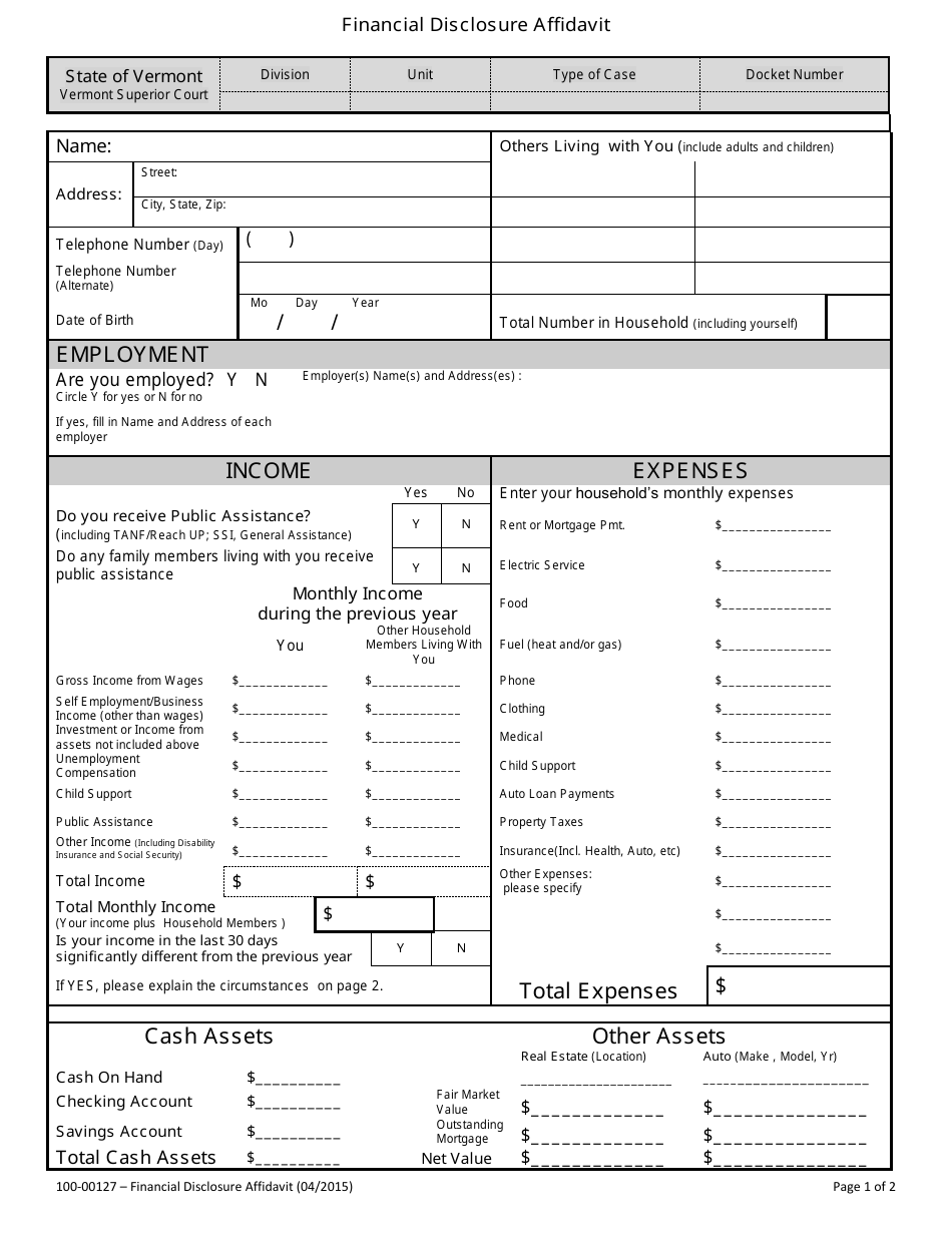 Form 100-00127 Financial Disclosure Affidavit - Vermont, Page 1