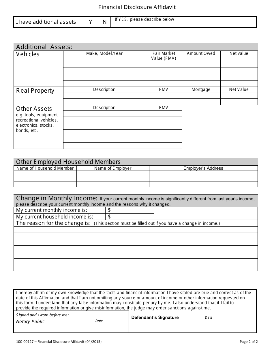 Form 100-00127 Financial Disclosure Affidavit - Vermont, Page 2