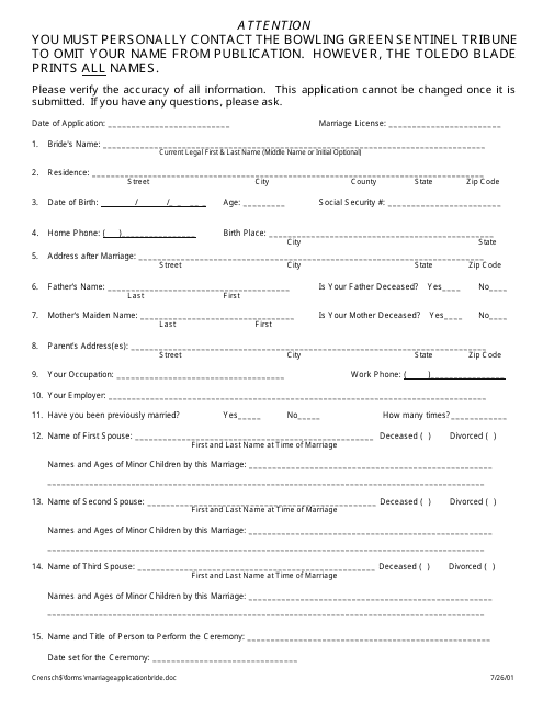 Bride's Marriage Application Form - Wood County, Ohio Download Pdf