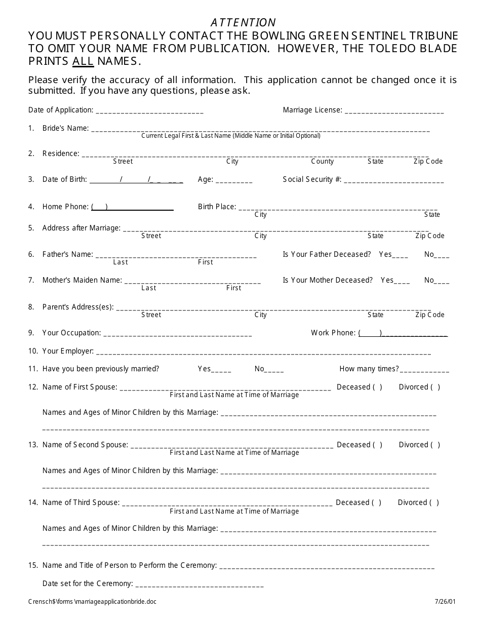 Brides Marriage Application Form - Wood County, Ohio, Page 1