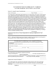 Document preview: Authorization to Embalm at Funeral Establishment or Other Location - Texas