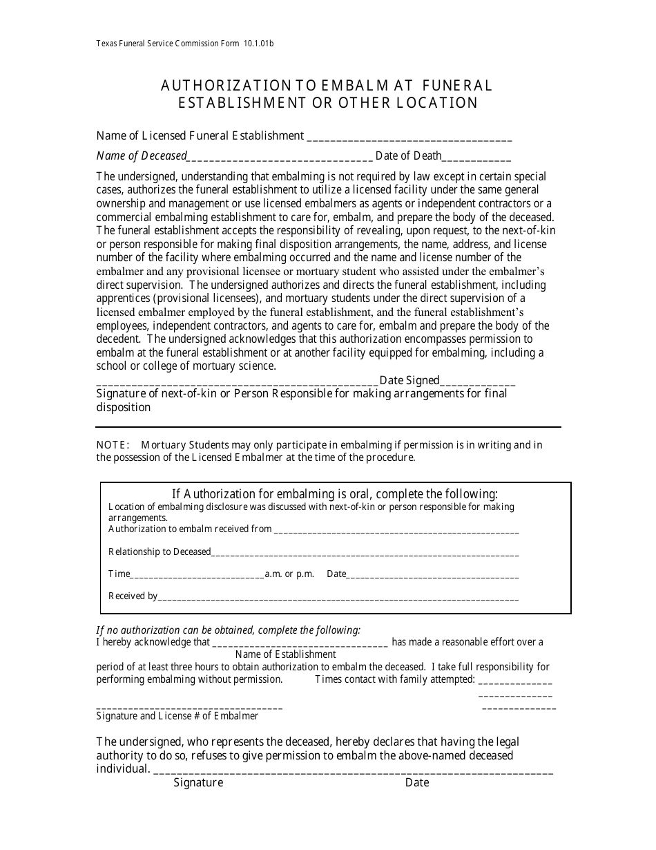 Authorization to Embalm at Funeral Establishment or Other Location - Texas, Page 1