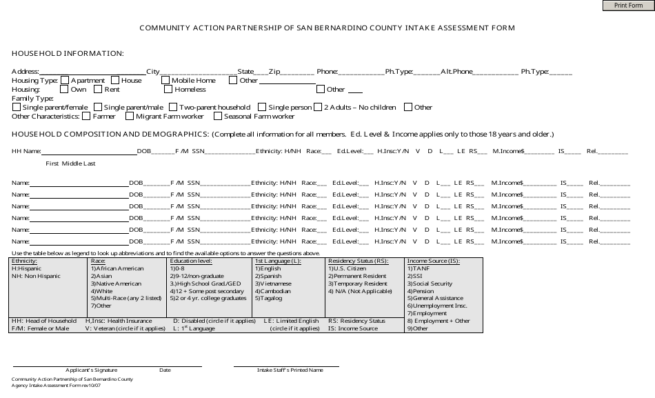Intake Assessment Form - Community Action Partnership of San Bernardino County, Page 1