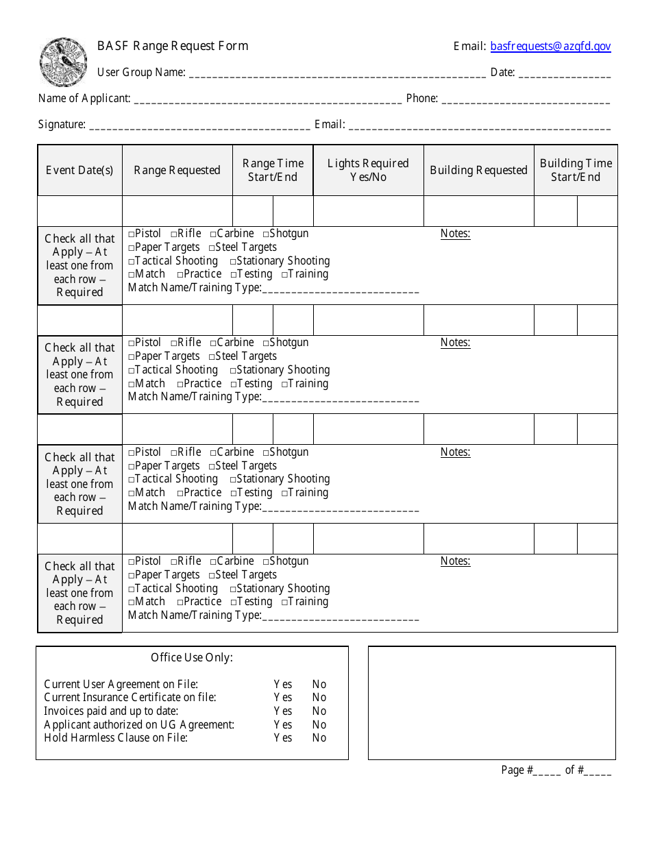 Basf Range Request Form - Arizona, Page 1