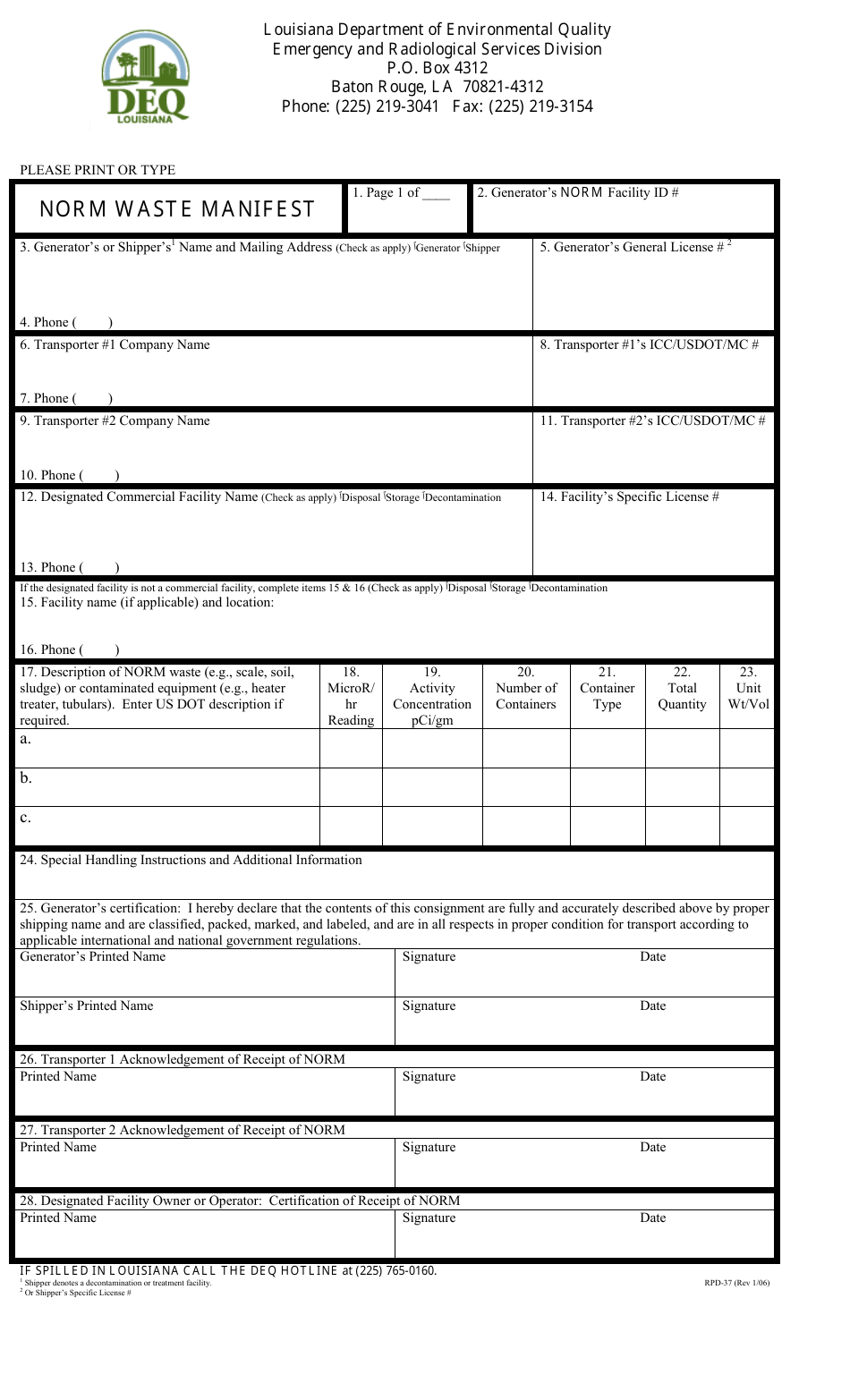 Form RPD-37 Norm Waste Manifest - Louisiana, Page 1
