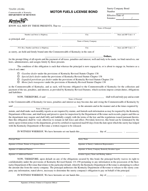 Form 72A301 Motor Fuels License Bond - Kentucky