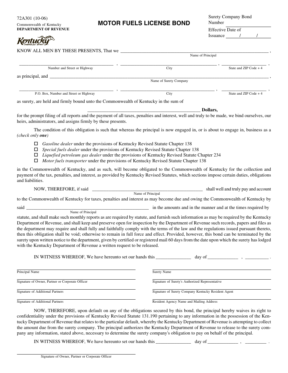 Form 72A301 Motor Fuels License Bond - Kentucky, Page 1