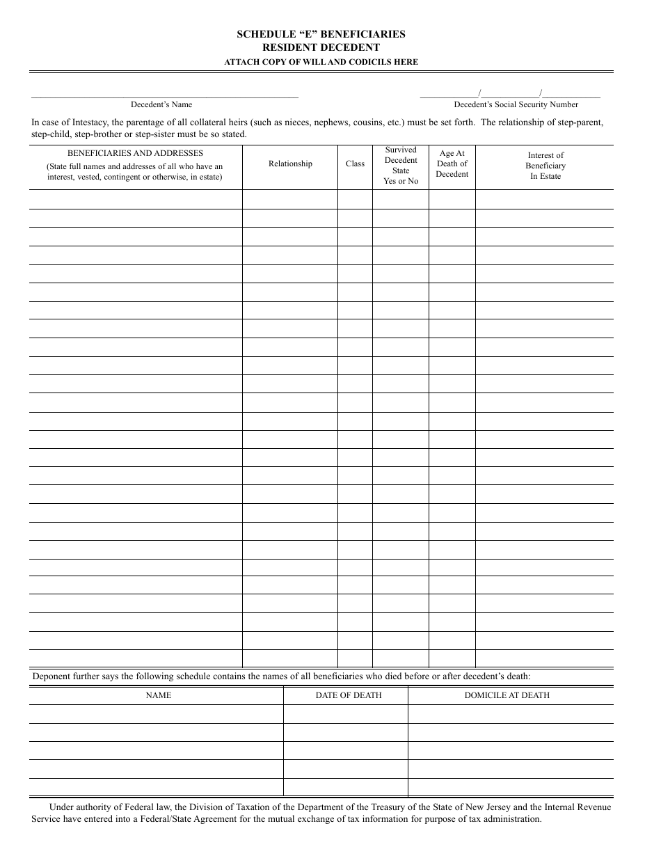 Schedule E Beneficiaries Resident Decedent - New Jersey, Page 1