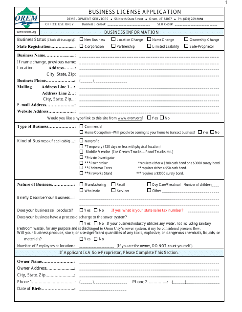 Business License Application Form - City of Orem, Utah