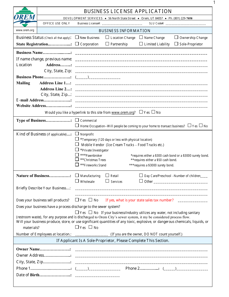 Business License Application Form - City of Orem, Utah, Page 1